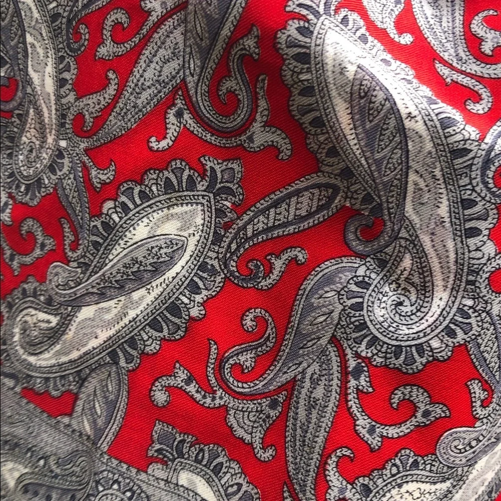 Hand printed in Switzerland Opera Wool Scarf w/ Red & Gray Paisley Design.